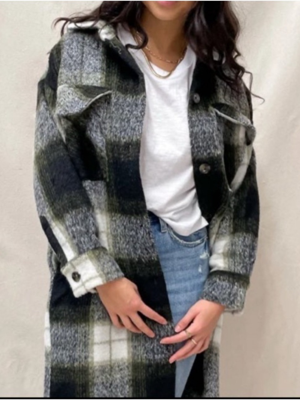 Steve Madden Olive Green Black White Plaid Longline Shacket